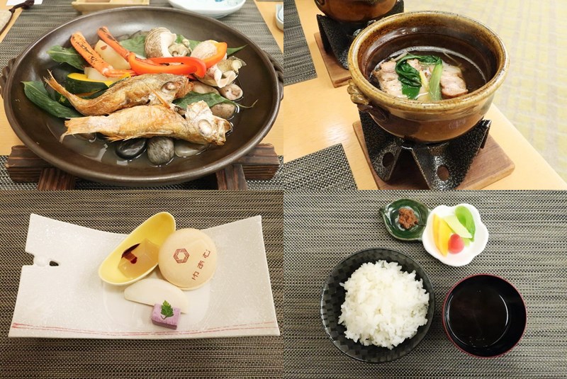 湯村温泉ゆあむの夕食(季節の野菜、八鹿豚、デザート)